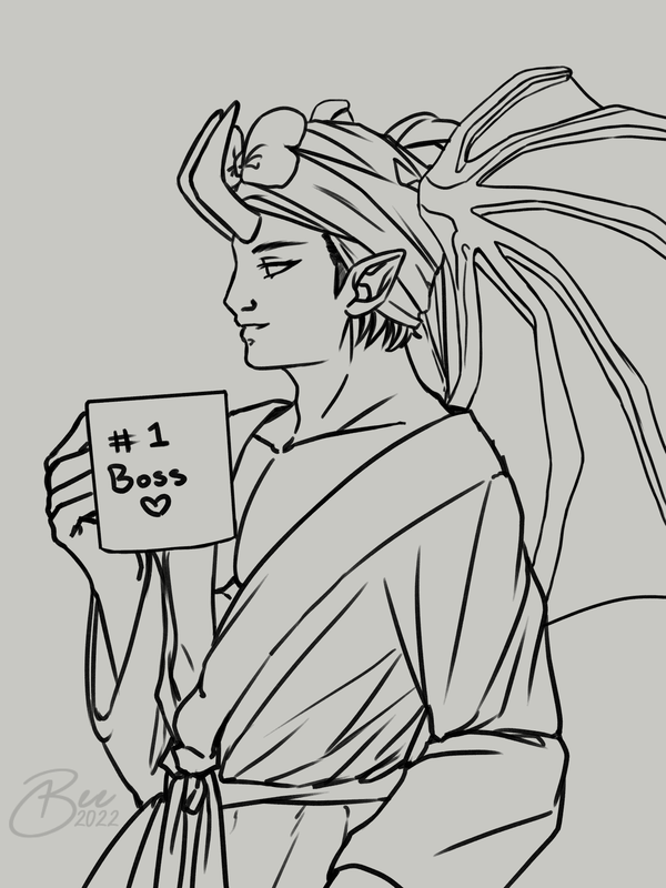 a demononic looking man with bat wings and horns wearing a bathrobe and holding a mug that says # 1 boss